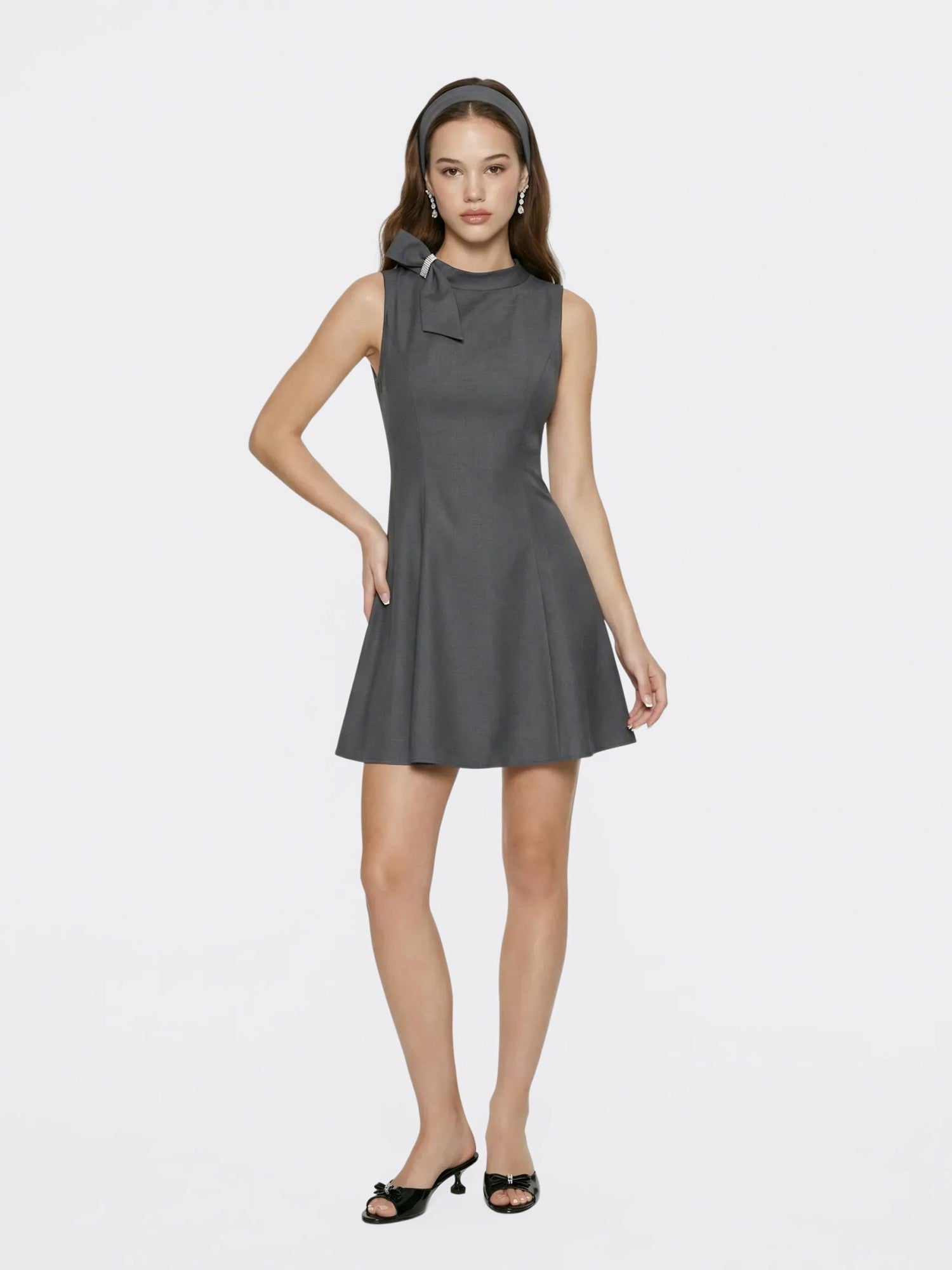 Nana Jacqueline Grey Tailored Mini Dress with Crystal Bow Grey