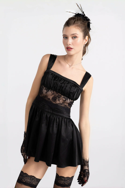 Nana Jacqueline Naomi Lace Satin Mini Dress: Black Mini Dress for Cocktail Party Black