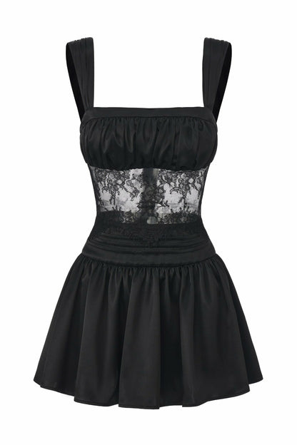 Nana Jacqueline Naomi Lace Satin Mini Dress: Black Mini Dress for Cocktail Party Black