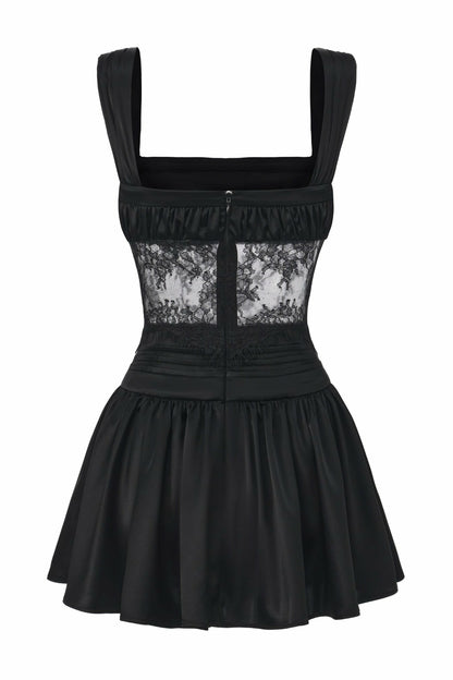 Nana Jacqueline Naomi Lace Satin Mini Dress: Black Mini Dress for Cocktail Party Black