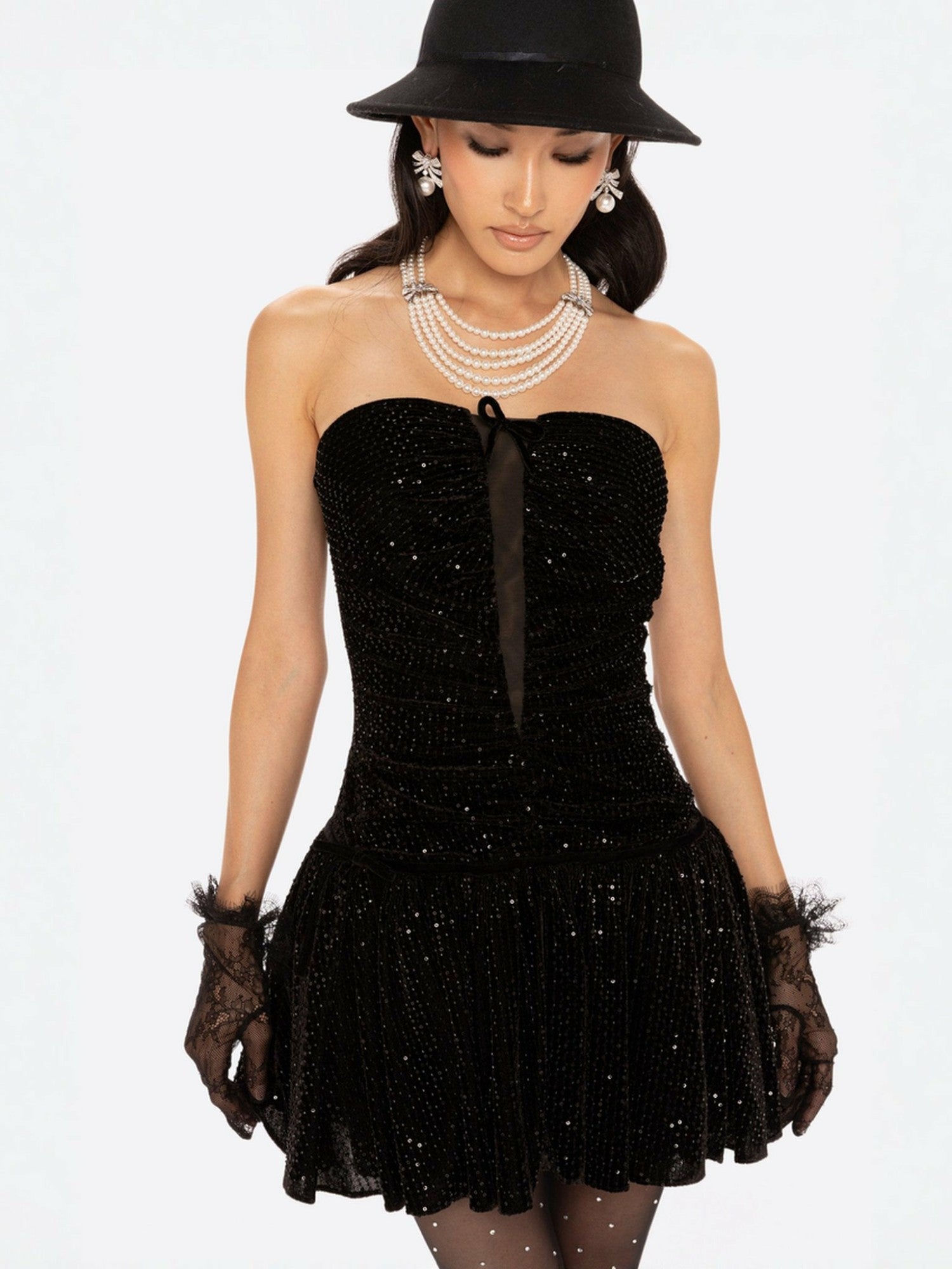 Nana Jacqueline Audrey Sparkle Velvet Mini Dress: Black Mini Dress for Cocktail Party Black