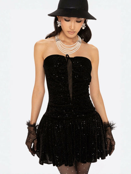 Nana Jacqueline Audrey Sparkle Velvet Mini Dress: Black Mini Dress for Cocktail Party Black