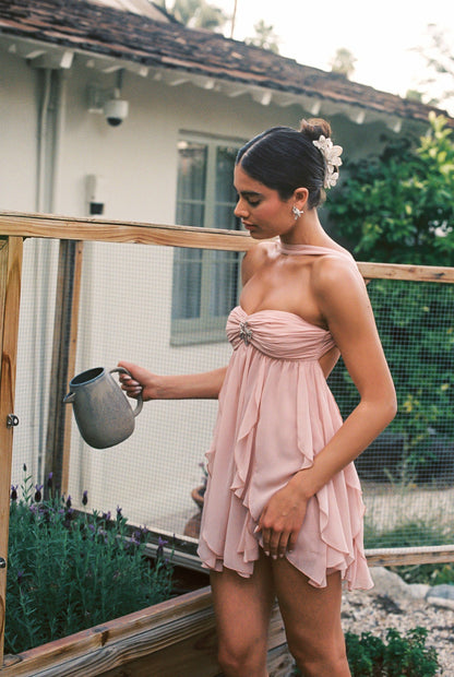 Nana Jacqueline Arabella Dress: Peach Mini Dress for Garden Party Peach