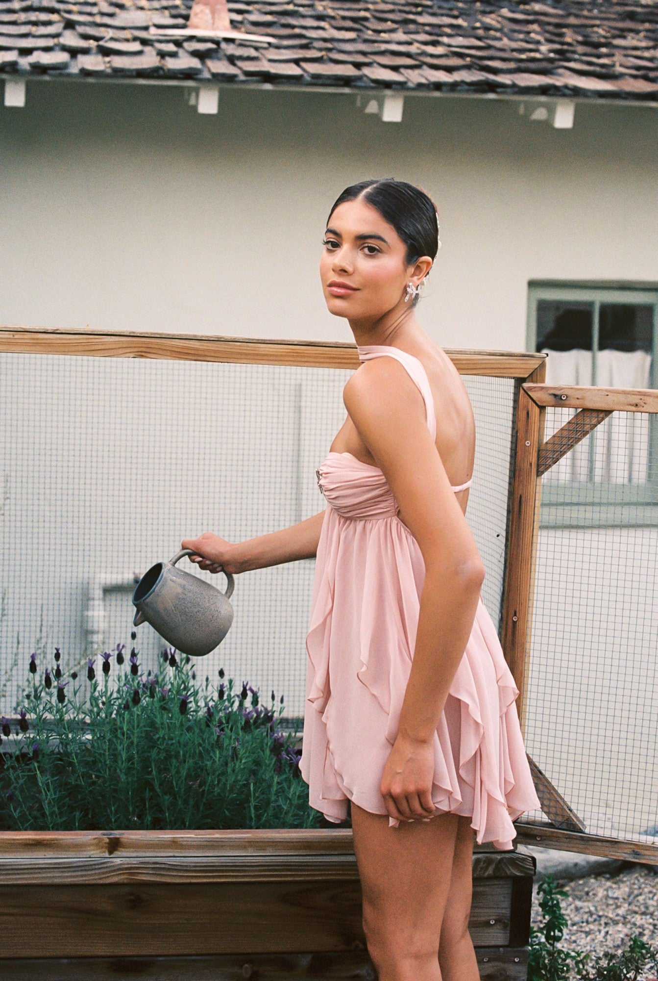Nana Jacqueline Arabella Dress: Peach Mini Dress for Garden Party Peach