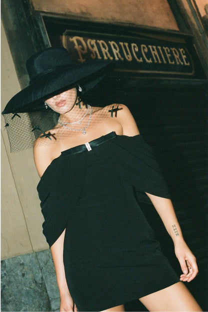 Nana Jacqueline Kate Bow Dress: Black Mini Dress for Cocktail Party Black