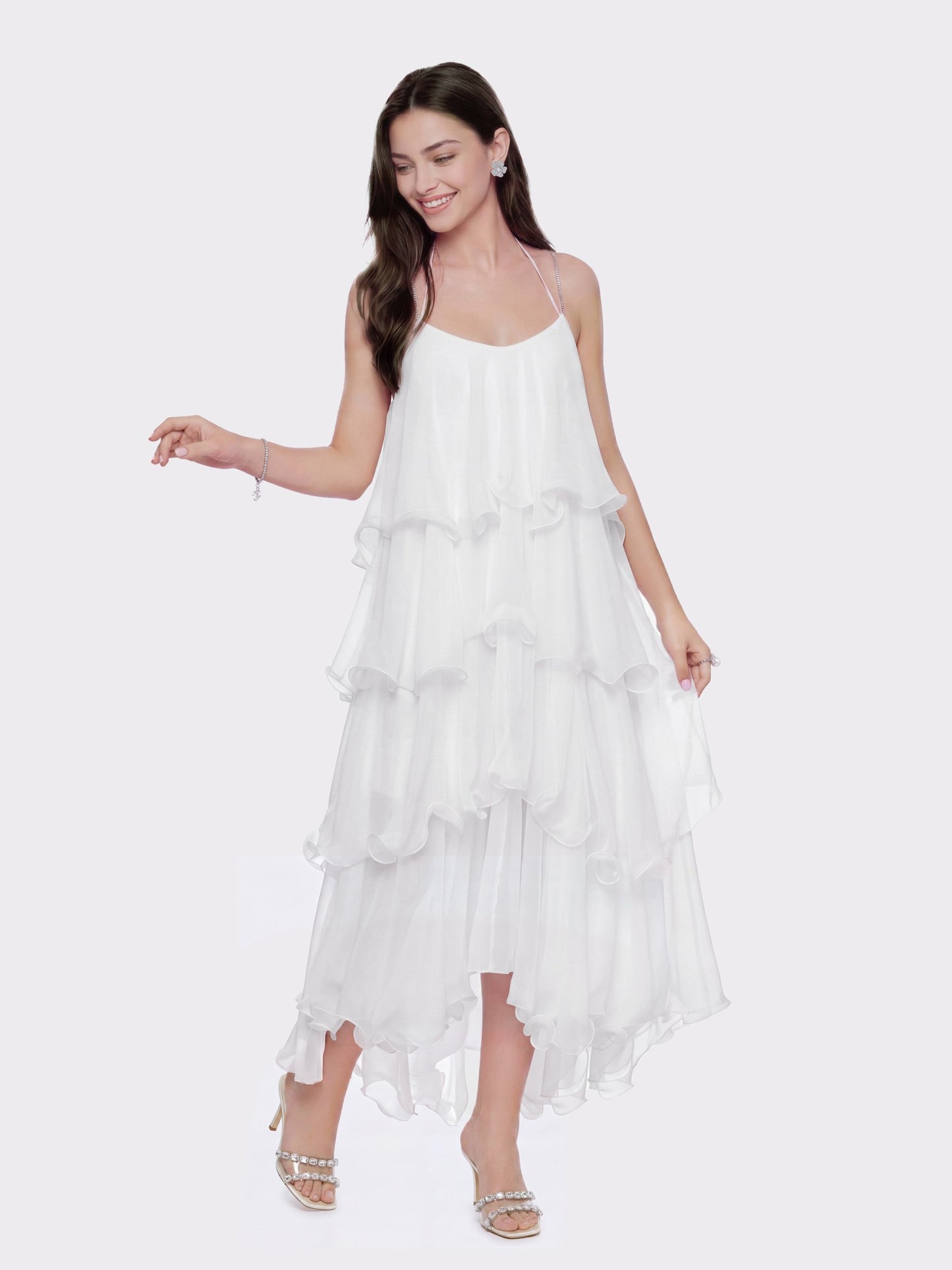 Nana Jacqueline Florence Tiered Chiffon White Dress White