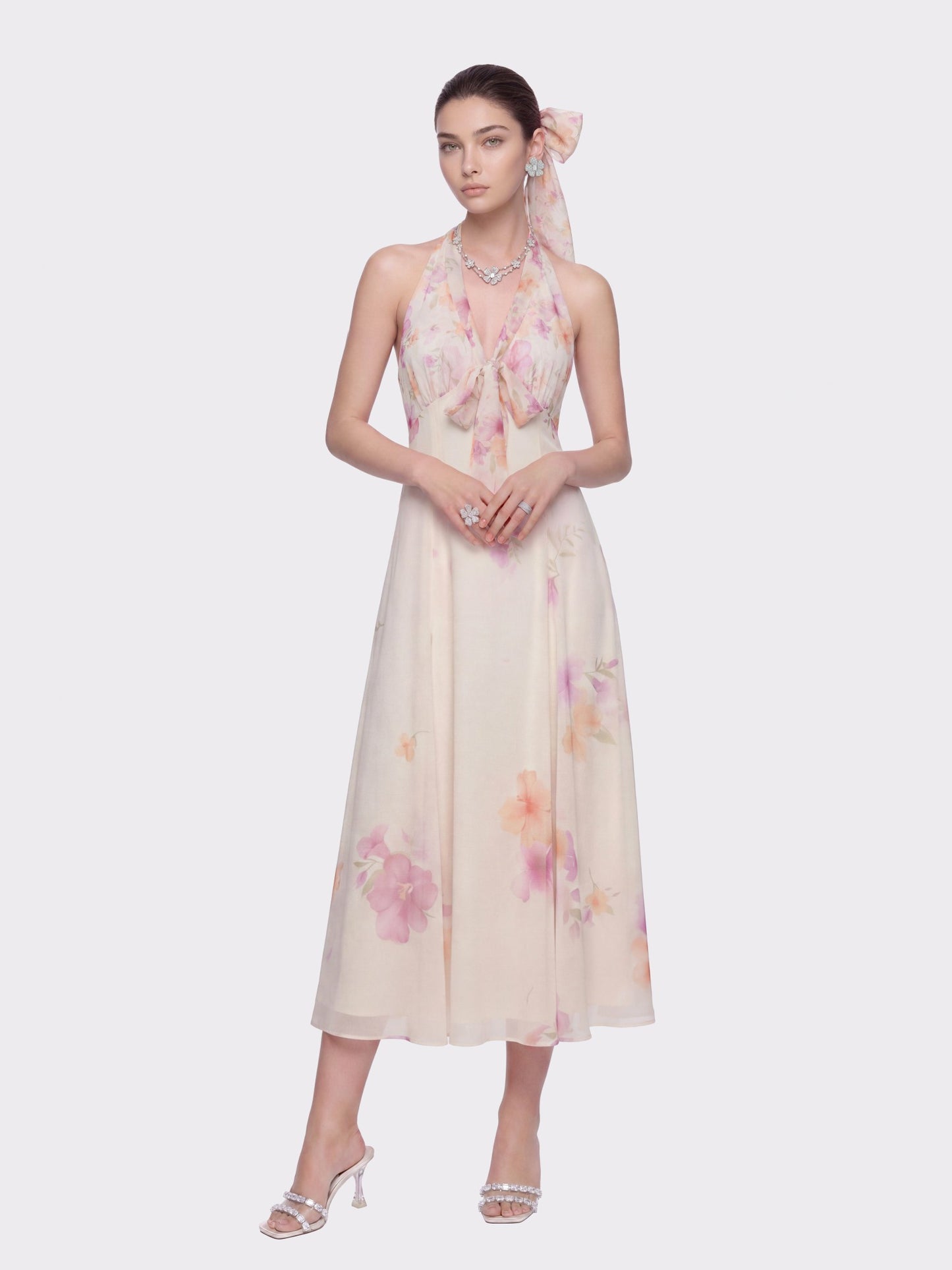 Nana Jacqueline Lana Halter Floral Cream Dress Beige