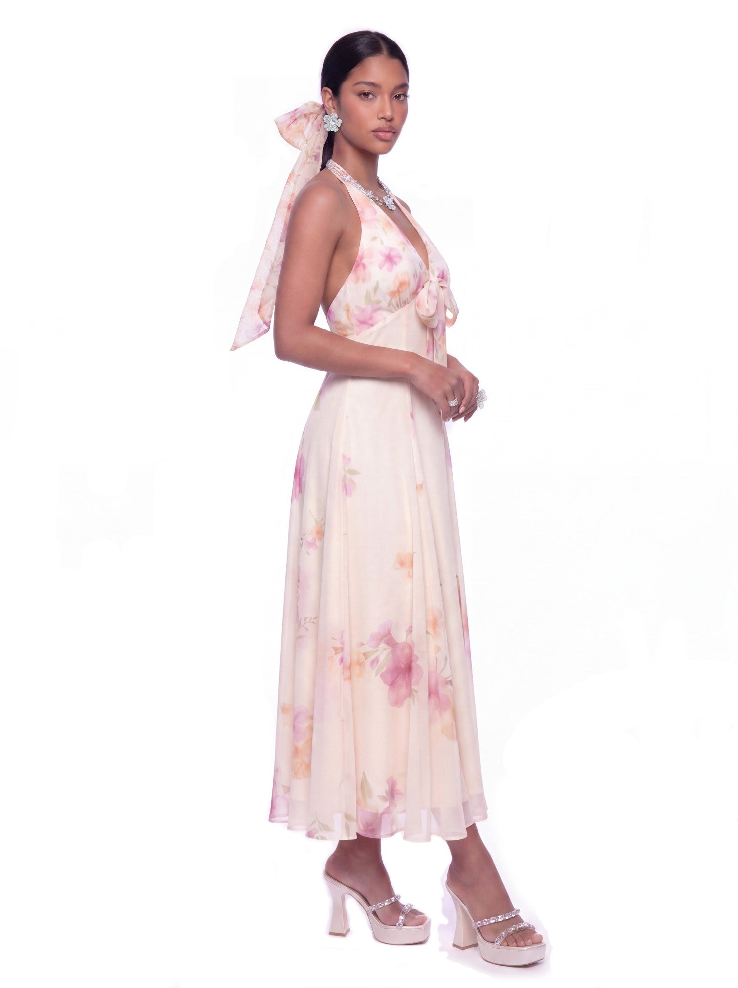 Nana Jacqueline Lana Halter Floral Cream Dress Beige