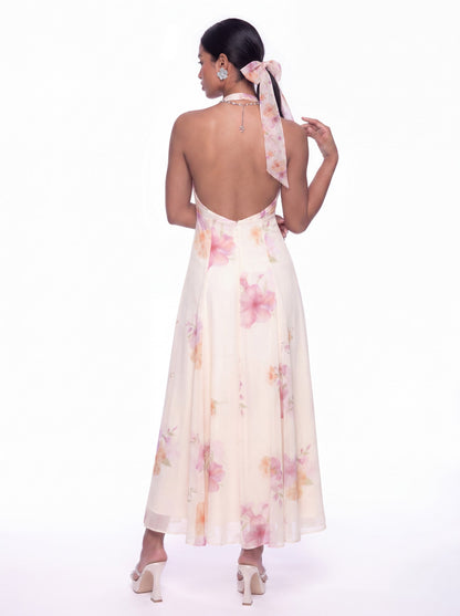 Nana Jacqueline Lana Halter Floral Cream Dress Beige