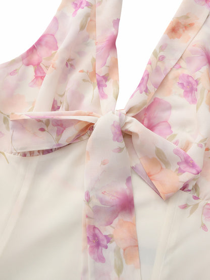 Nana Jacqueline Lana Halter Floral Cream Dress Beige