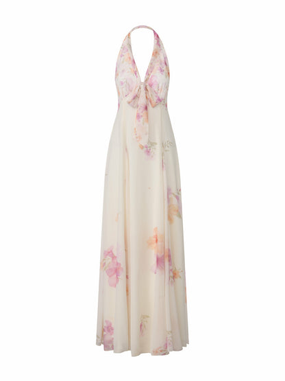 Nana Jacqueline Lana Halter Floral Cream Dress Beige