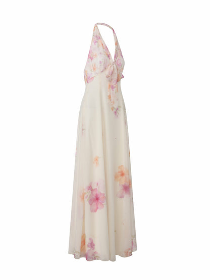 Nana Jacqueline Lana Halter Floral Cream Dress Beige