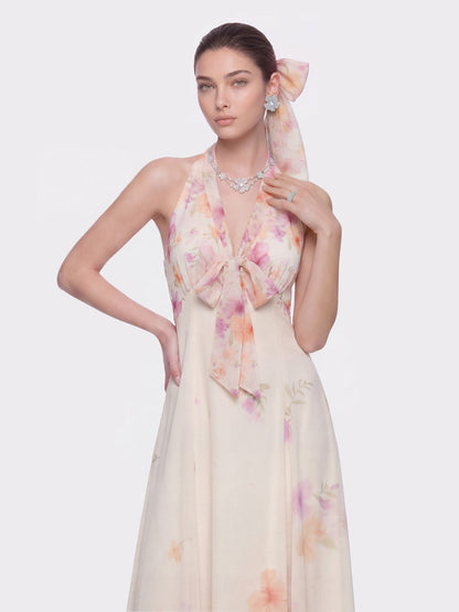 Nana Jacqueline Lana Halter Floral Cream Dress Beige