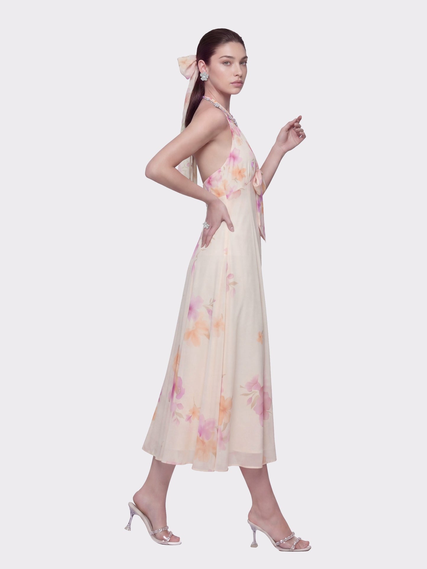 Nana Jacqueline Lana Halter Floral Cream Dress Beige