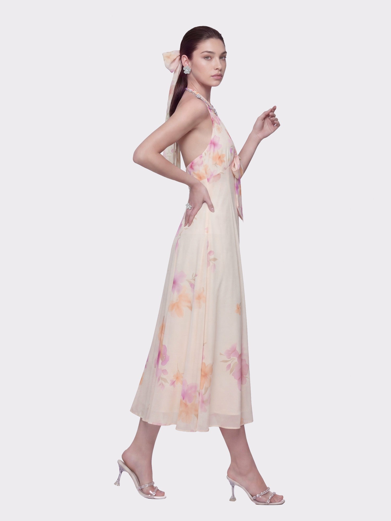 Nana Jacqueline Lana Halter Floral Cream Dress Beige