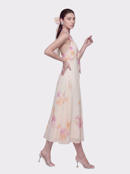 Nana Jacqueline Lana Halter Floral Cream Dress Beige