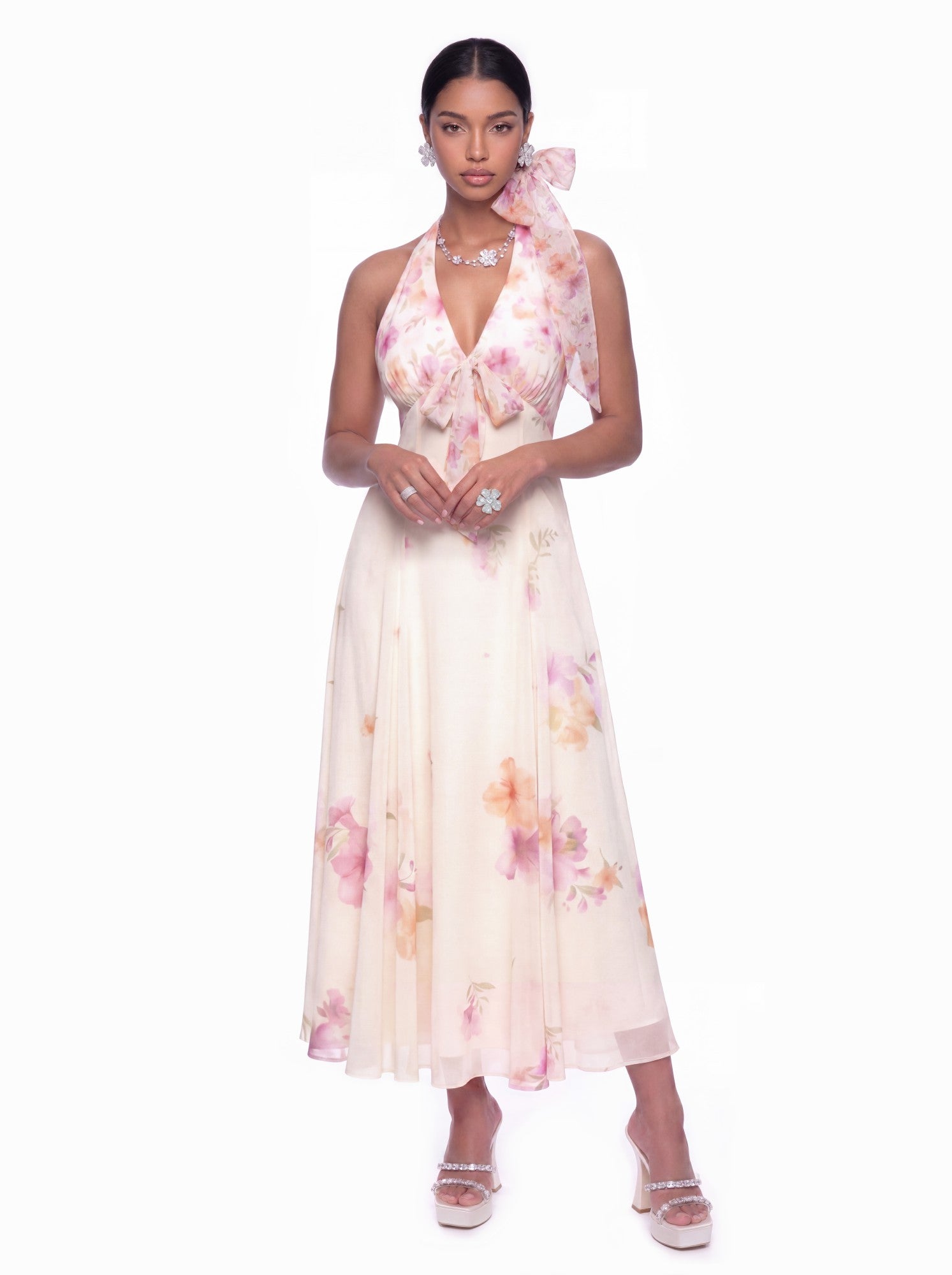 Nana Jacqueline Lana Halter Floral Cream Dress Beige