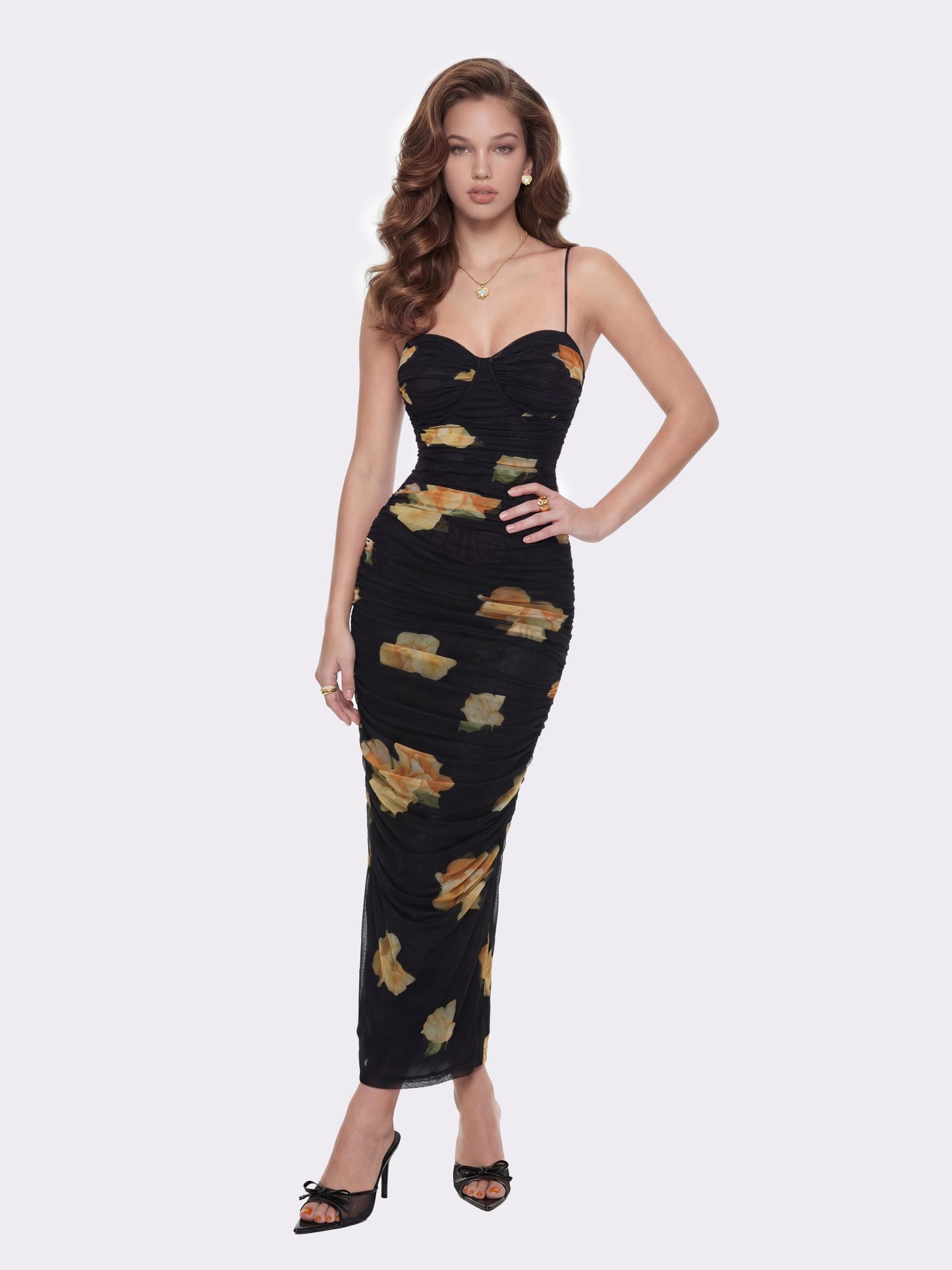 Nana Jacqueline Claudia Ruched Black Floral Dress Black