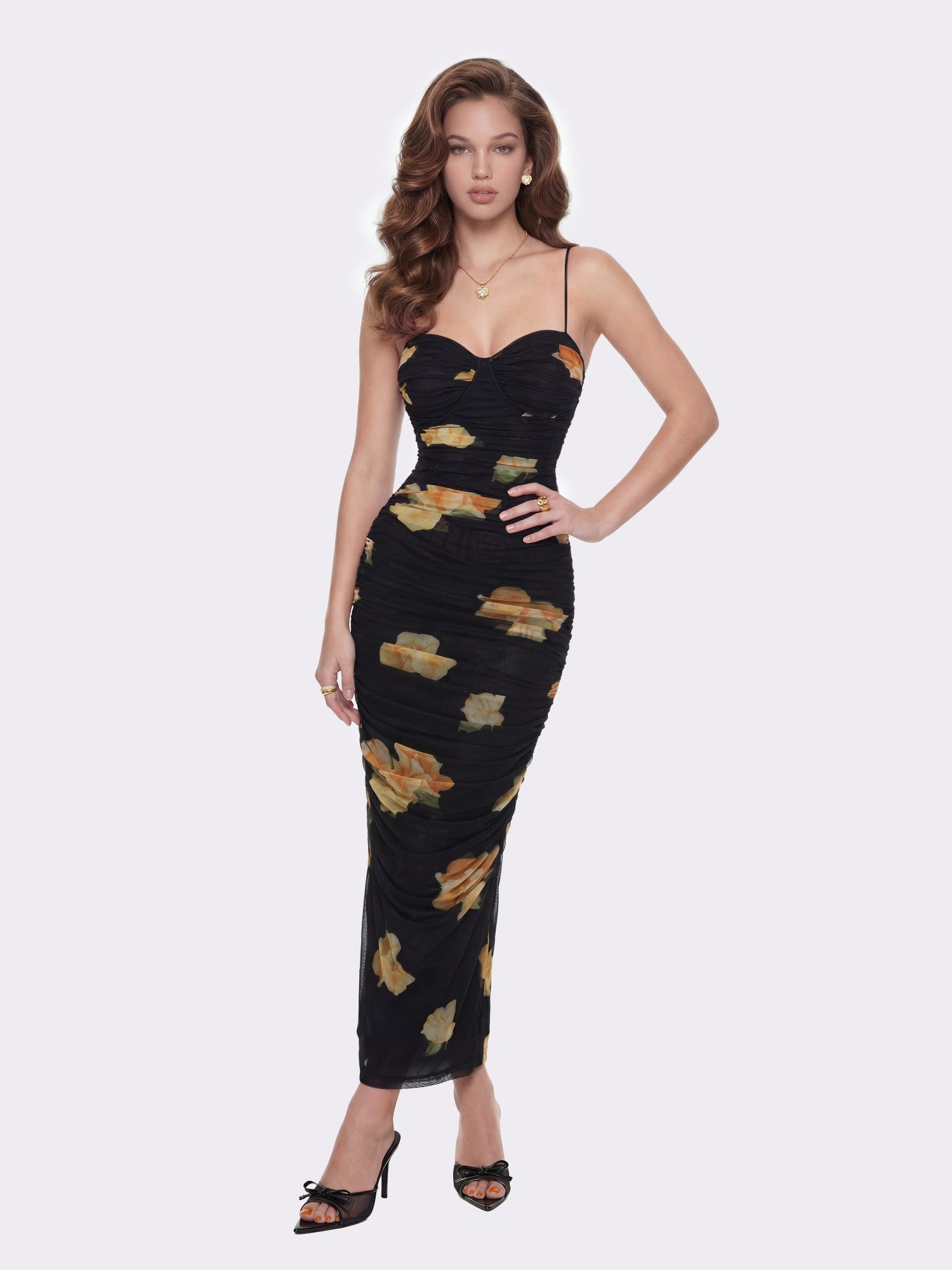 Nana Jacqueline Claudia Ruched Black Floral Dress Black