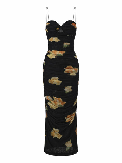 Nana Jacqueline Claudia Ruched Black Floral Dress Black