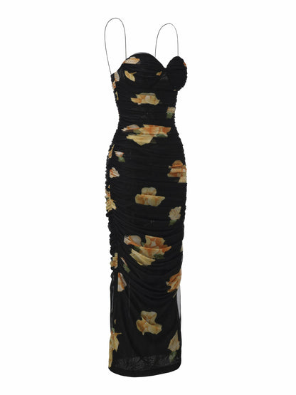 Nana Jacqueline Claudia Ruched Black Floral Dress Black