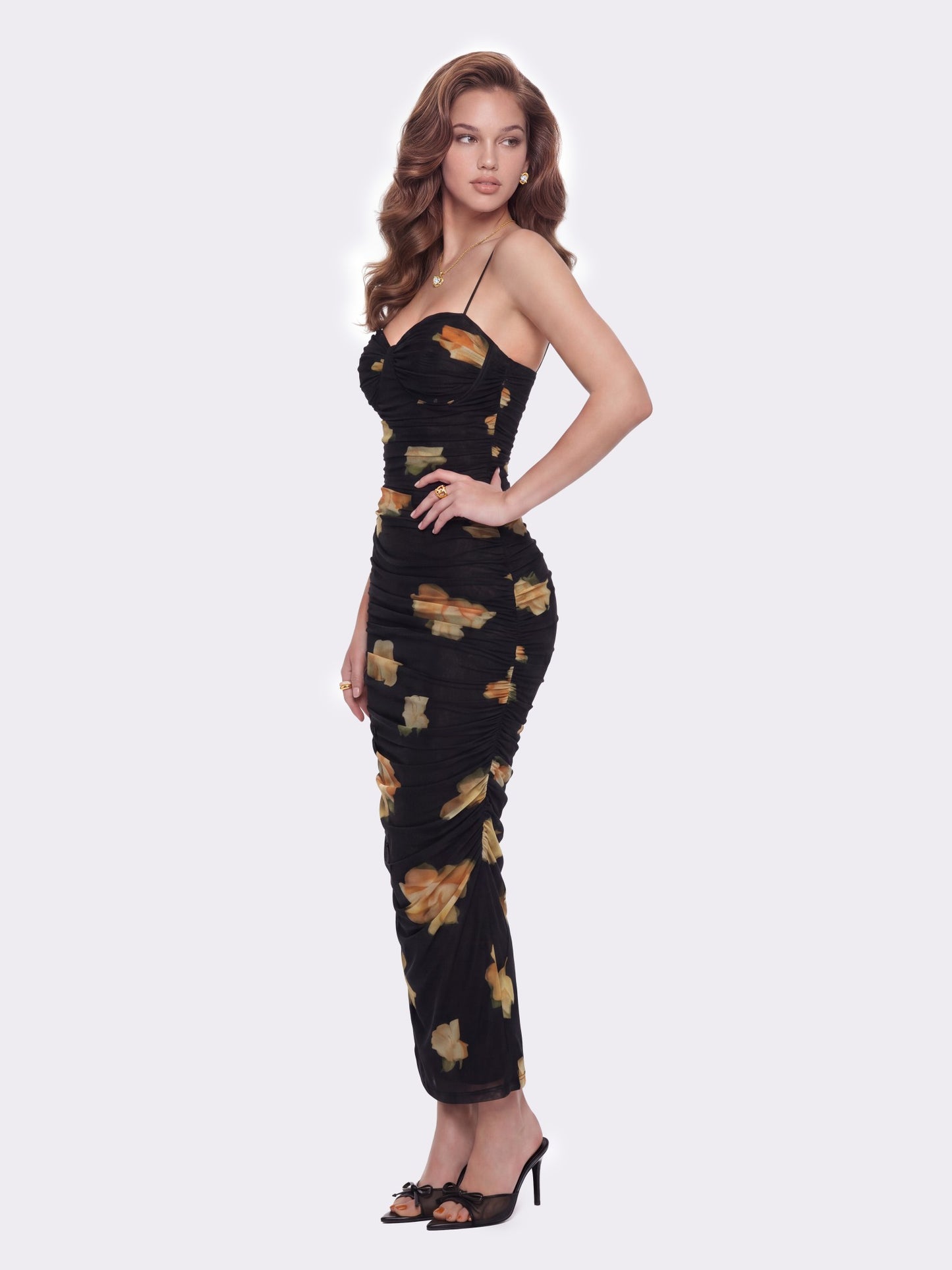 Nana Jacqueline Claudia Ruched Black Floral Dress Black