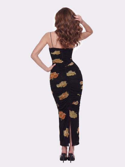 Nana Jacqueline Claudia Ruched Black Floral Dress Black