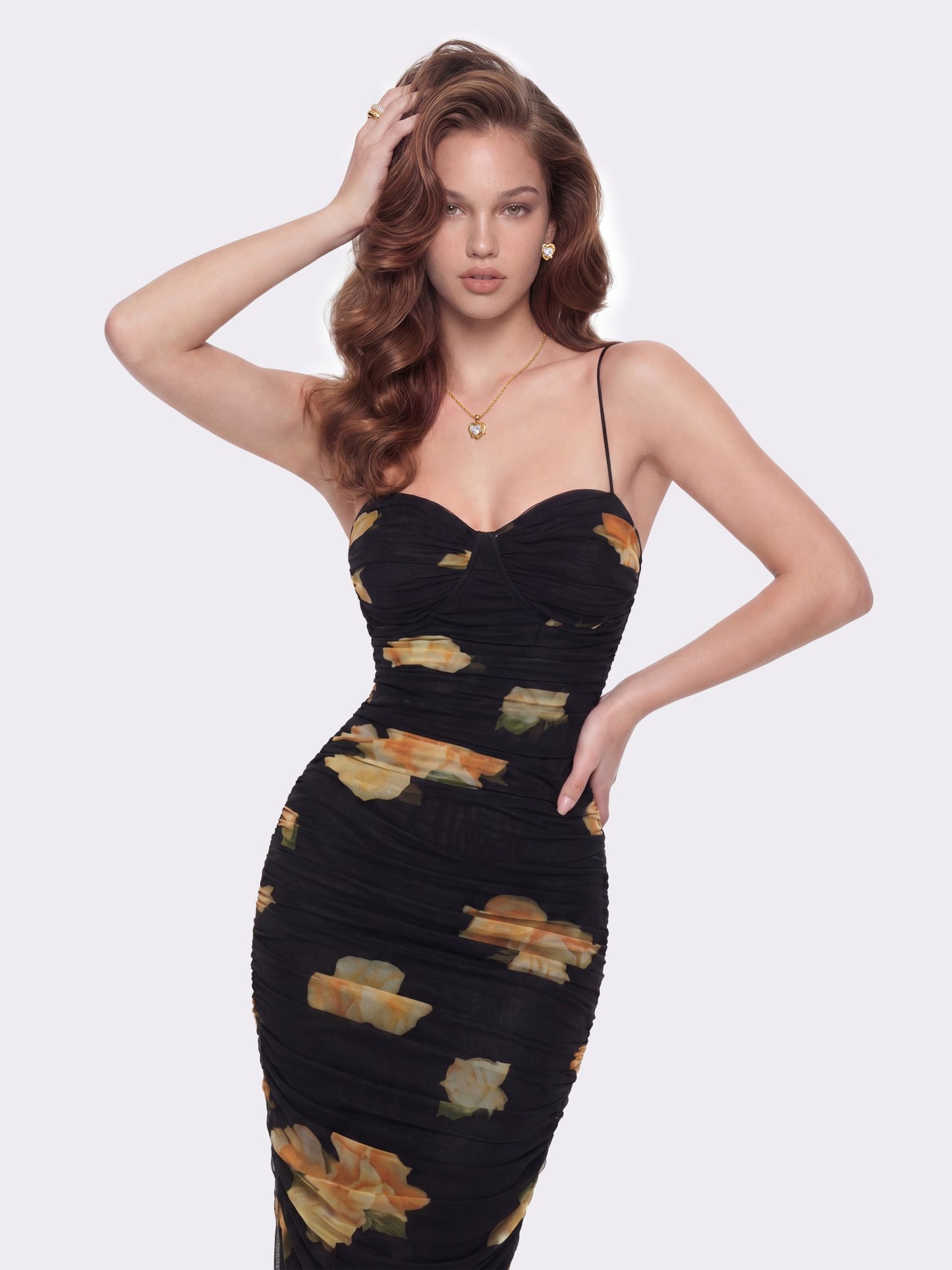 Nana Jacqueline Claudia Ruched Black Floral Dress Black