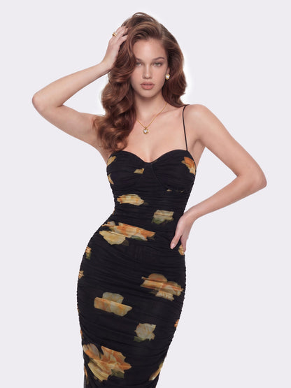 Nana Jacqueline Claudia Ruched Black Floral Dress Black