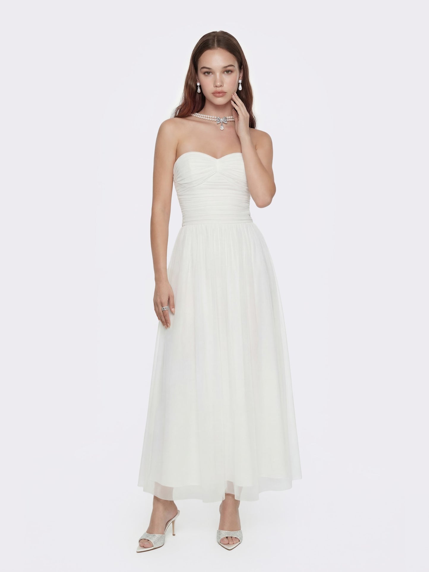 Nana Jacqueline Juliette Ruched Strapless White Chiffon Dress White