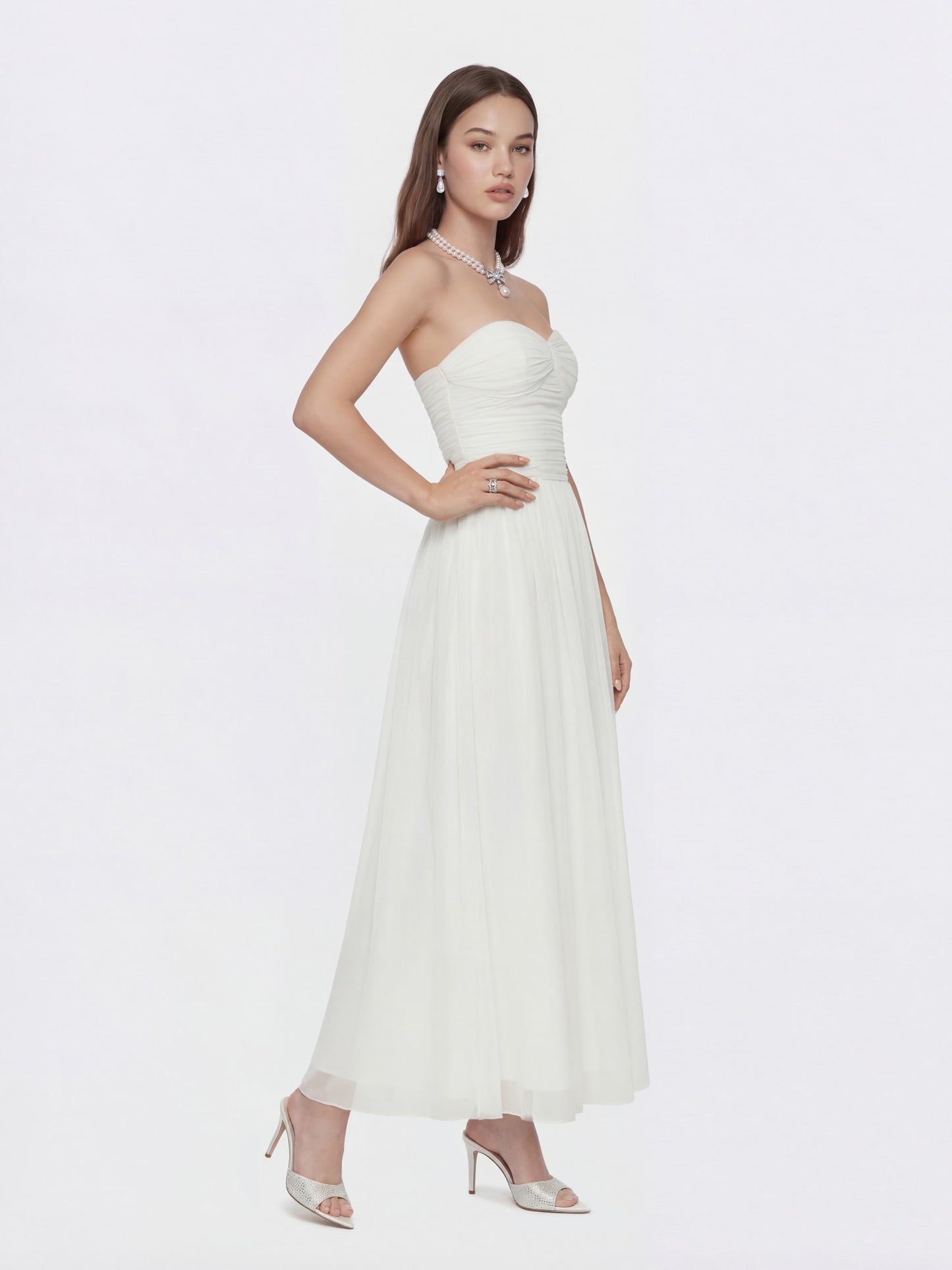 Nana Jacqueline Juliette Ruched Strapless White Chiffon Dress White