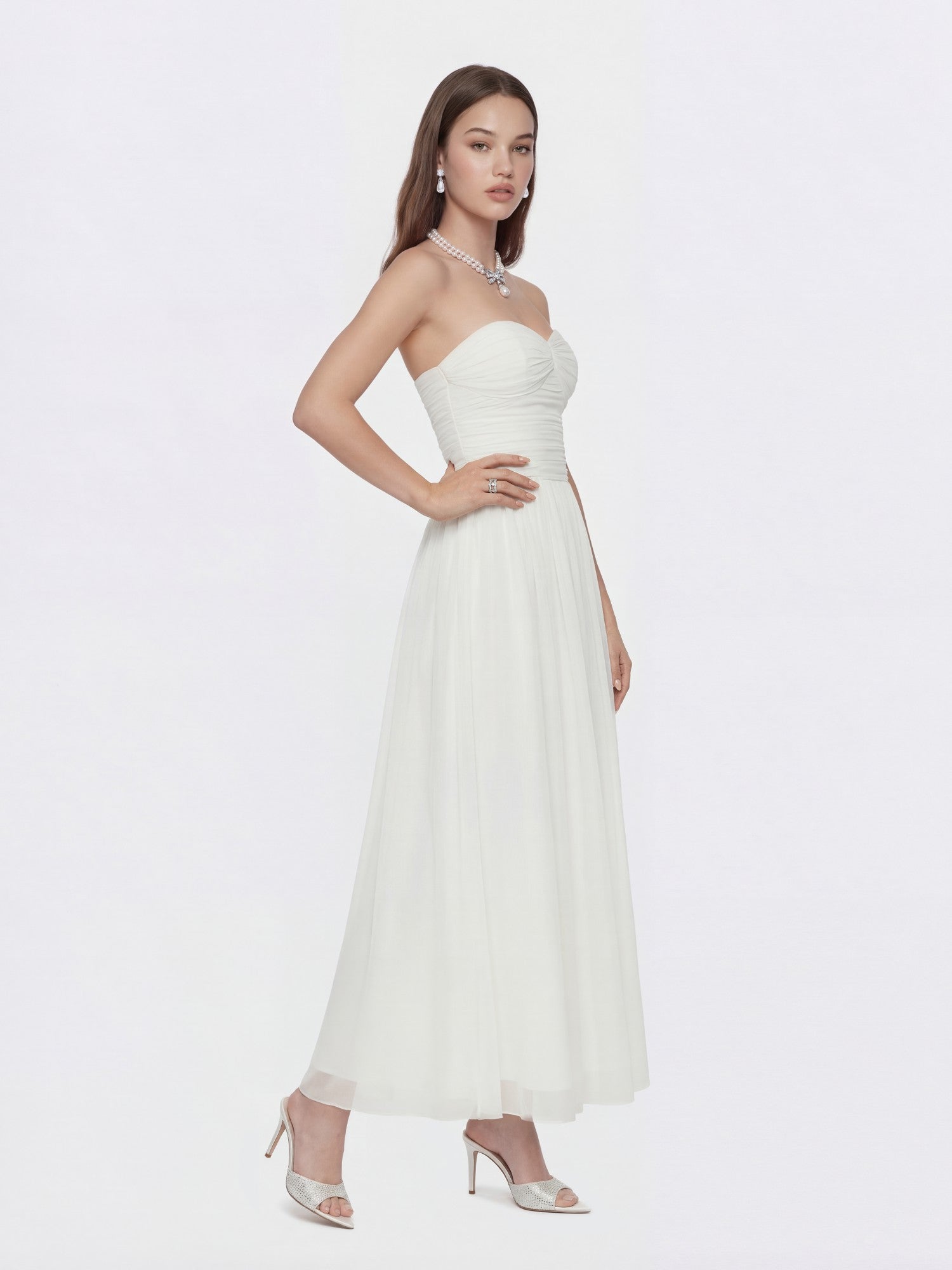 Nana Jacqueline Juliette Ruched Strapless White Chiffon Dress White