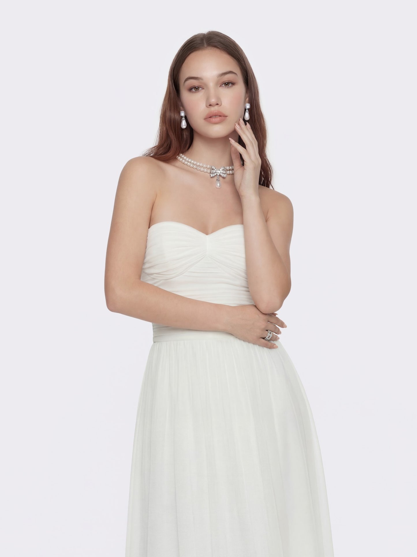 Nana Jacqueline Juliette Ruched Strapless White Chiffon Dress White