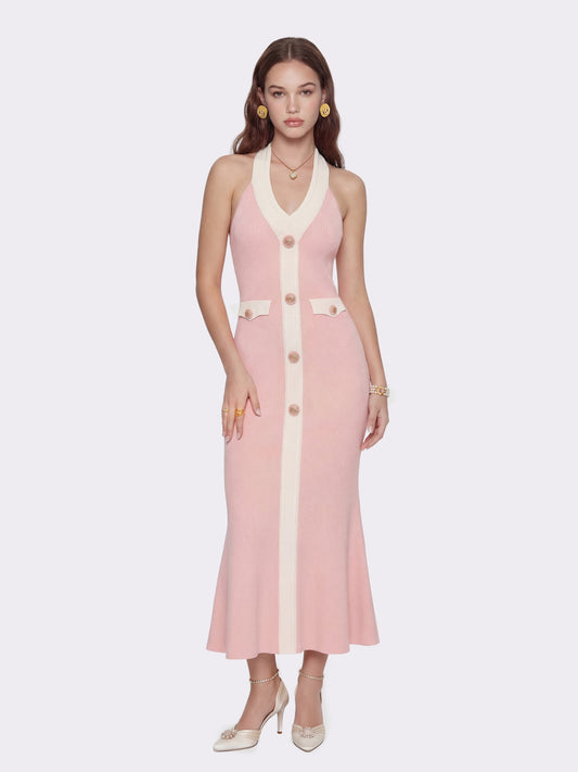 Nana Jacqueline Giana Contrast Halter Knit Blush Pink Maxi Dress Pink
