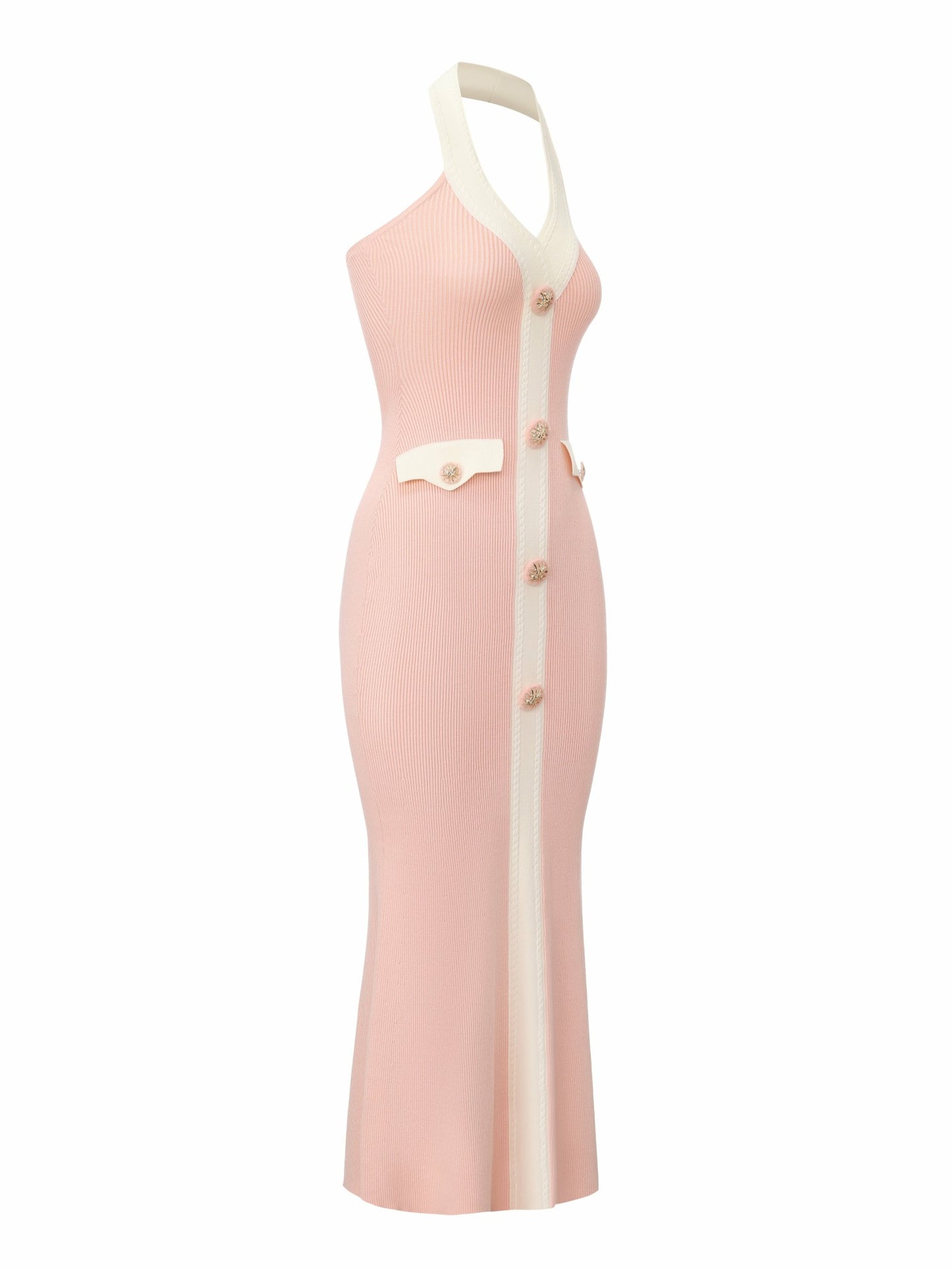 Nana Jacqueline Giana Contrast Halter Knit Blush Pink Maxi Dress Pink