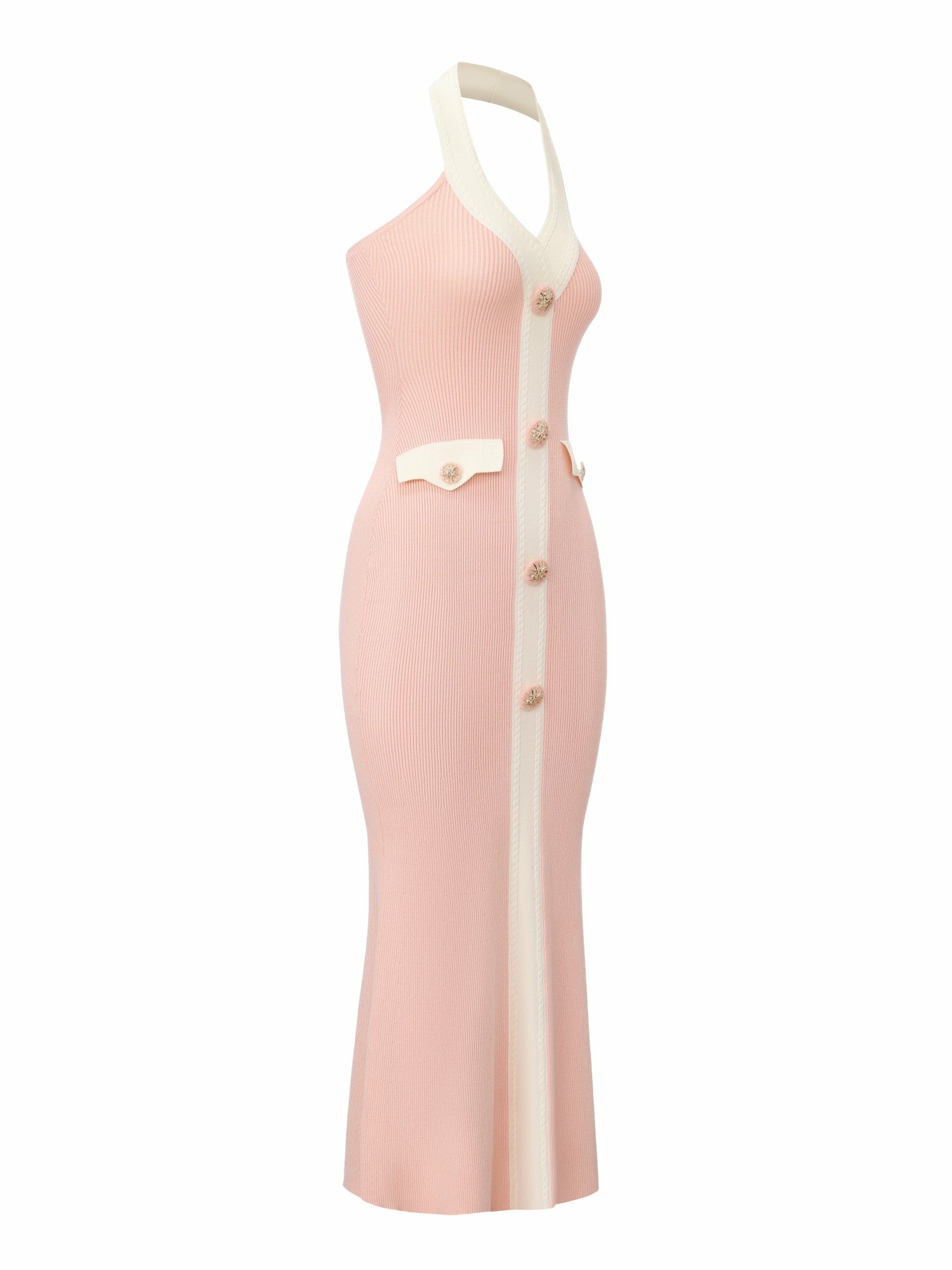Nana Jacqueline Giana Contrast Halter Knit Blush Pink Maxi Dress Pink
