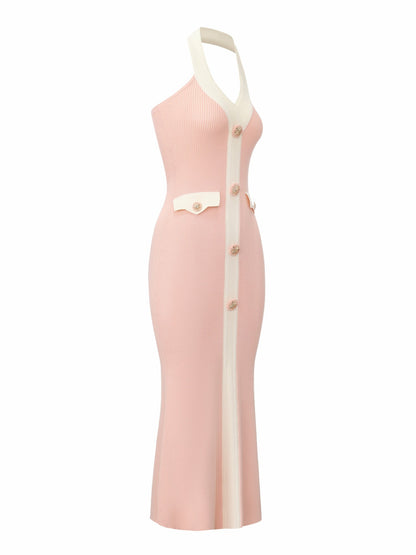 Nana Jacqueline Giana Contrast Halter Knit Blush Pink Maxi Dress Pink