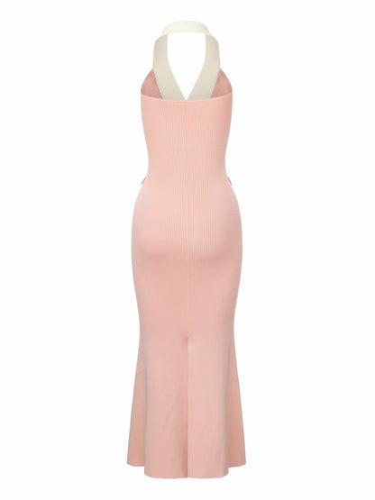 Nana Jacqueline Giana Contrast Halter Knit Blush Pink Maxi Dress Pink