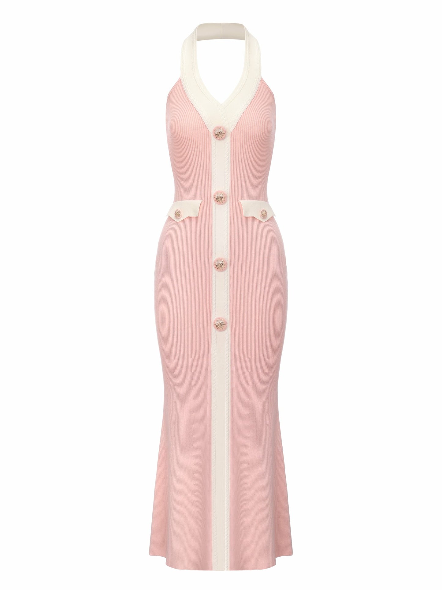 Nana Jacqueline Giana Contrast Halter Knit Blush Pink Maxi Dress Pink