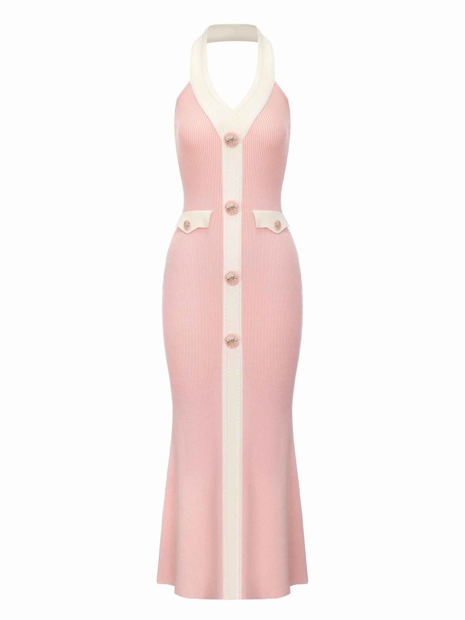 Nana Jacqueline Giana Contrast Halter Knit Blush Pink Maxi Dress Pink