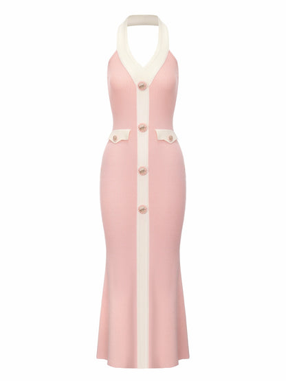 Nana Jacqueline Giana Contrast Halter Knit Blush Pink Maxi Dress Pink