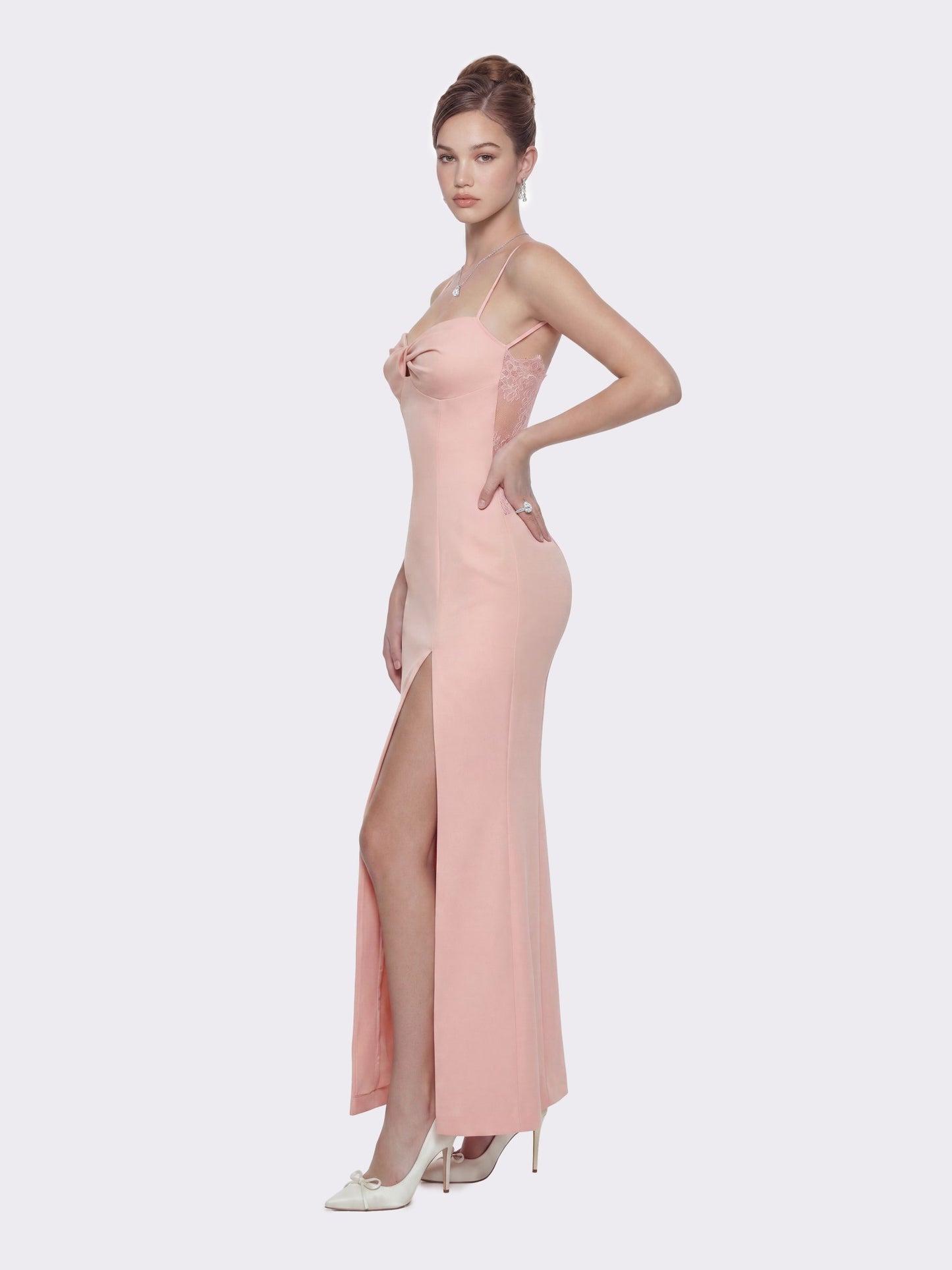 Nana Jacqueline Brielle Twist-Front Lace-Back Pink Dress Peach Pink