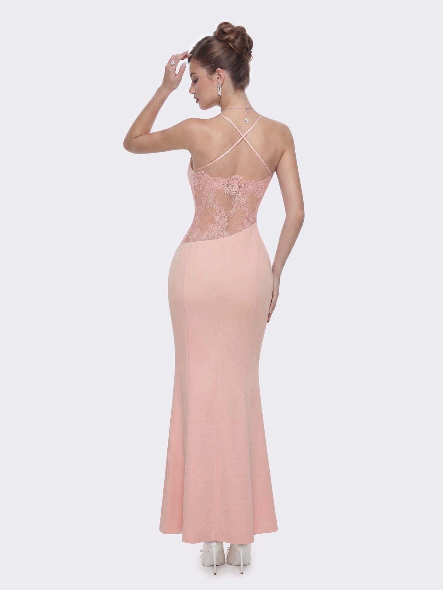 Nana Jacqueline Brielle Twist-Front Lace-Back Pink Dress Peach Pink