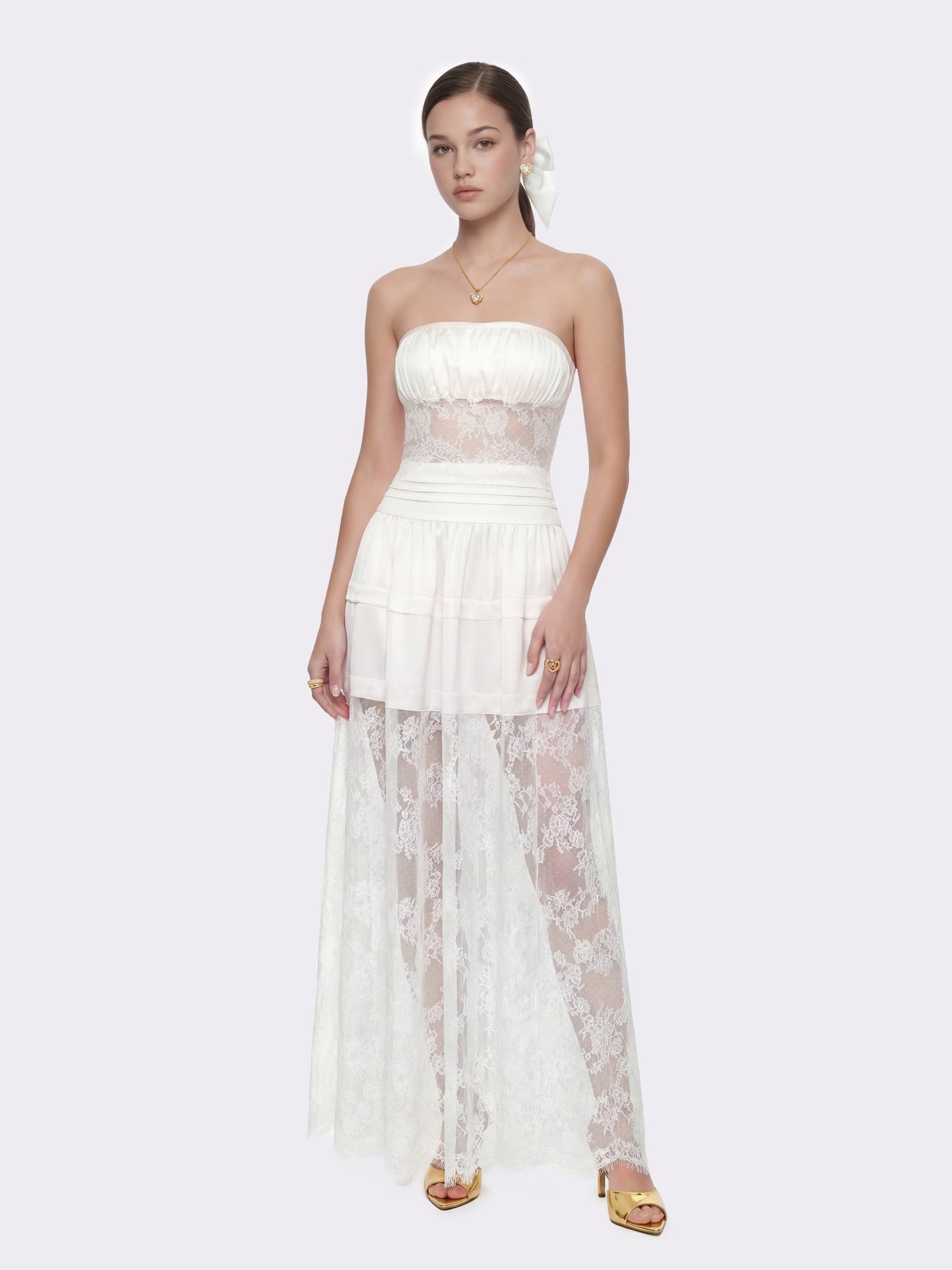 Nana Jacqueline Amelie White Lace Strapless Satin Dress White