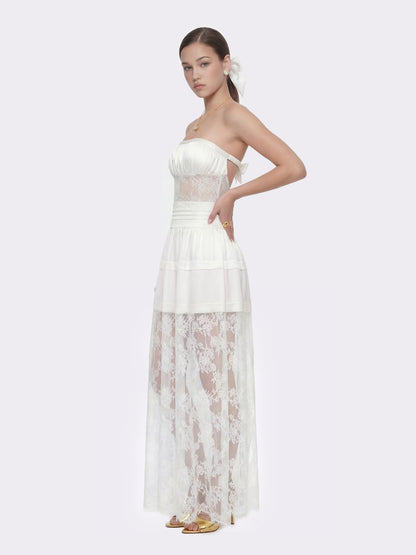 Nana Jacqueline Amelie White Lace Strapless Satin Dress White