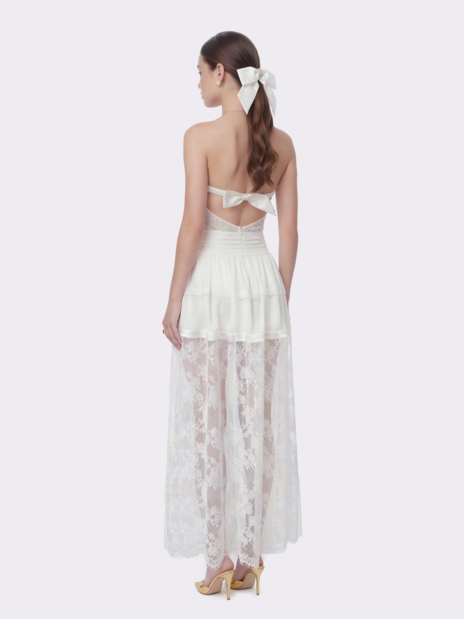 Nana Jacqueline Amelie White Lace Strapless Satin Dress White