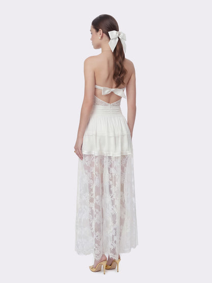 Nana Jacqueline Amelie White Lace Strapless Satin Dress White