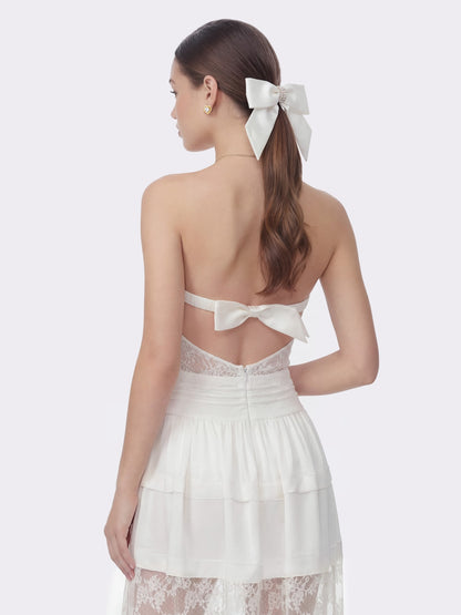 Nana Jacqueline Amelie White Lace Strapless Satin Dress White