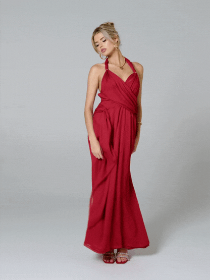 Nana Jacqueline Amber Chiffon Dress: Red Maxi Dress for Formal Wedding Guest Red