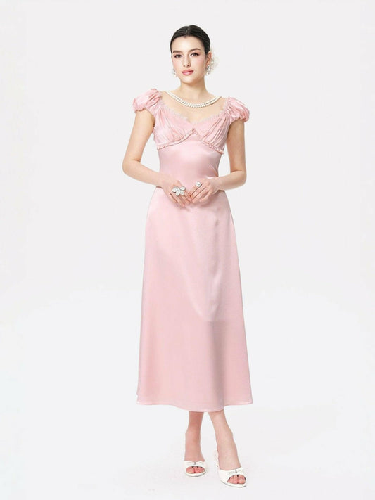 Nana Jacqueline Elara Dress: Pink Midi Dress for Garden Wedding Guest Pink